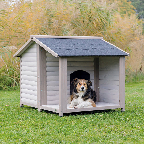 Hundkoja Lodge, med altan, M-L: 130 × h100 × 105 cm, grå